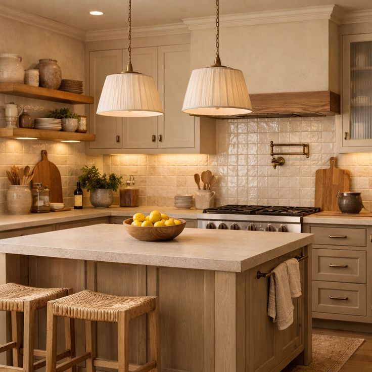 Calm kitchen surface in warm natural tones